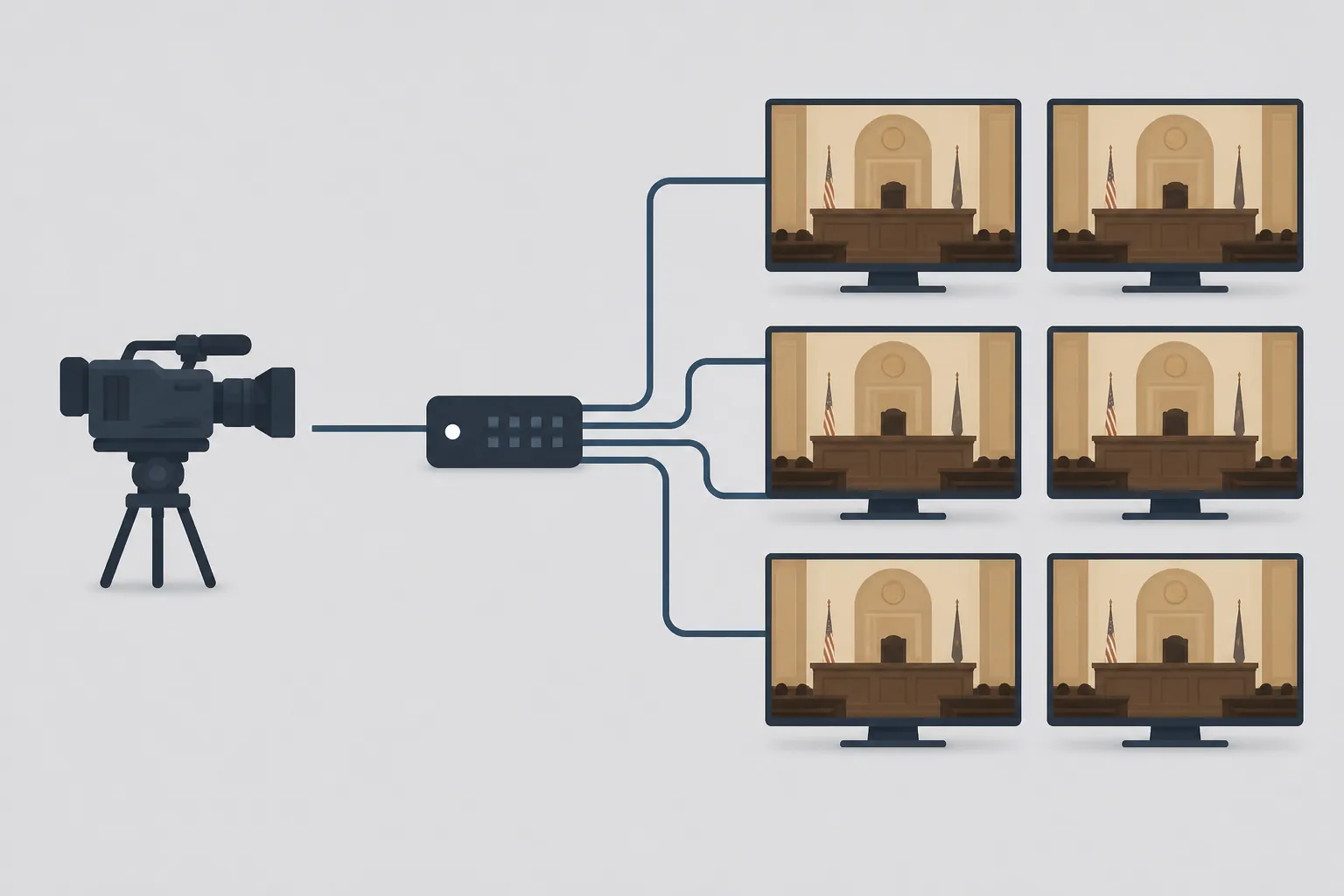 Illustration of one authorized courtroom camera feed branching to multiple verified news outlet screens