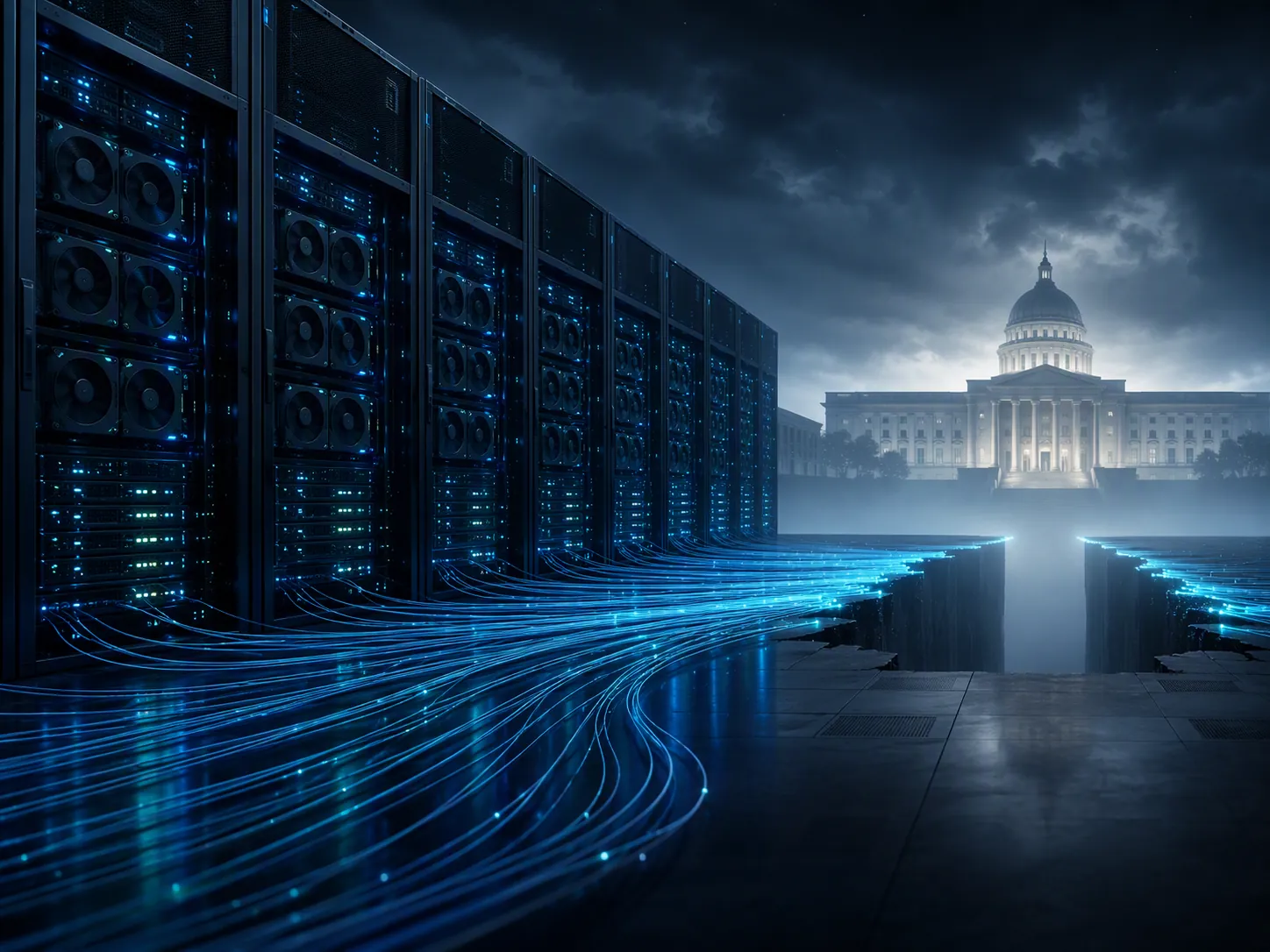 GPU server racks with luminous cables leading toward an institutional building but stopping at an unresolved gap