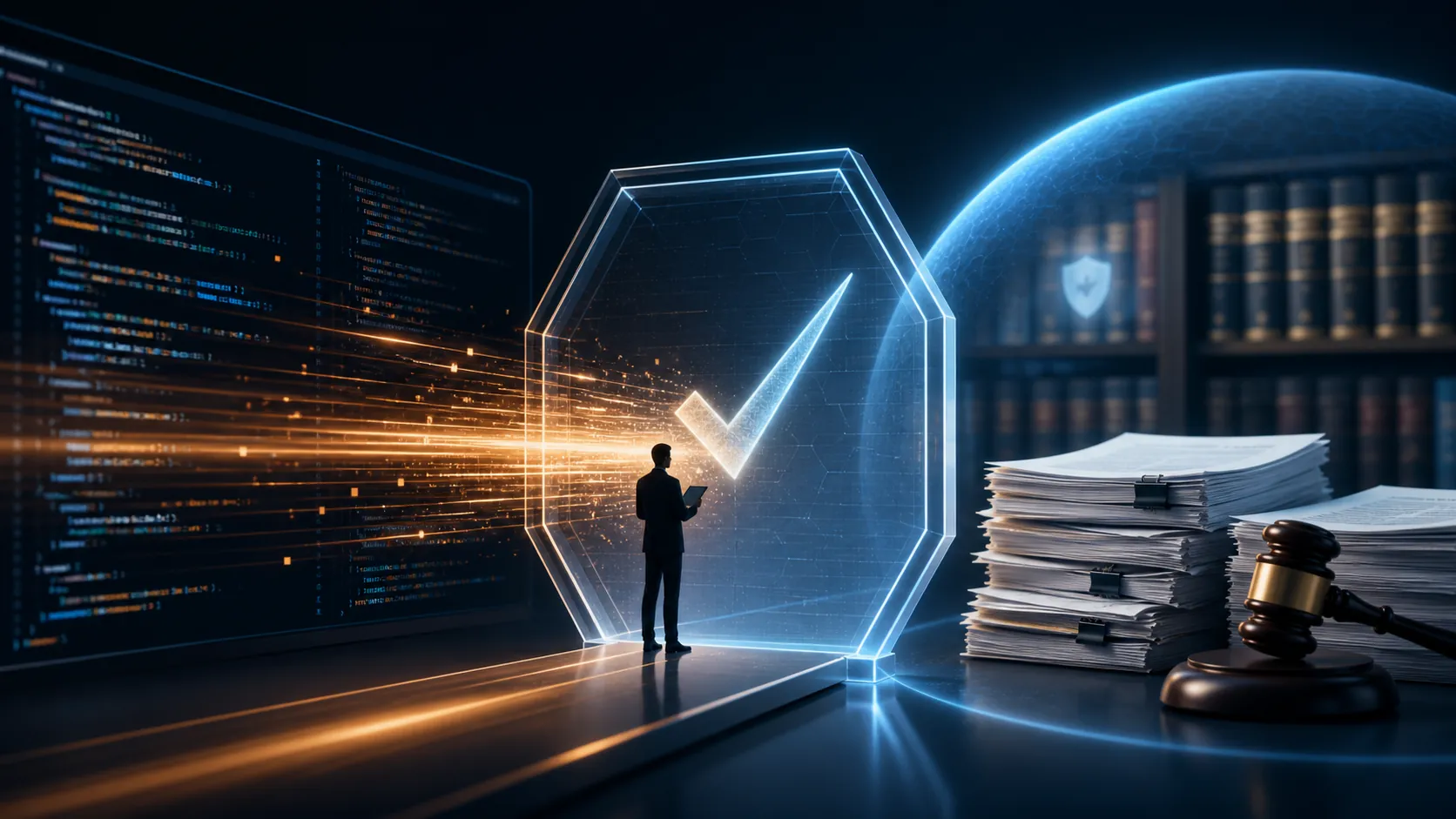 Developer terminal, verification checkpoint, and legal documents illustrating code moving toward human review