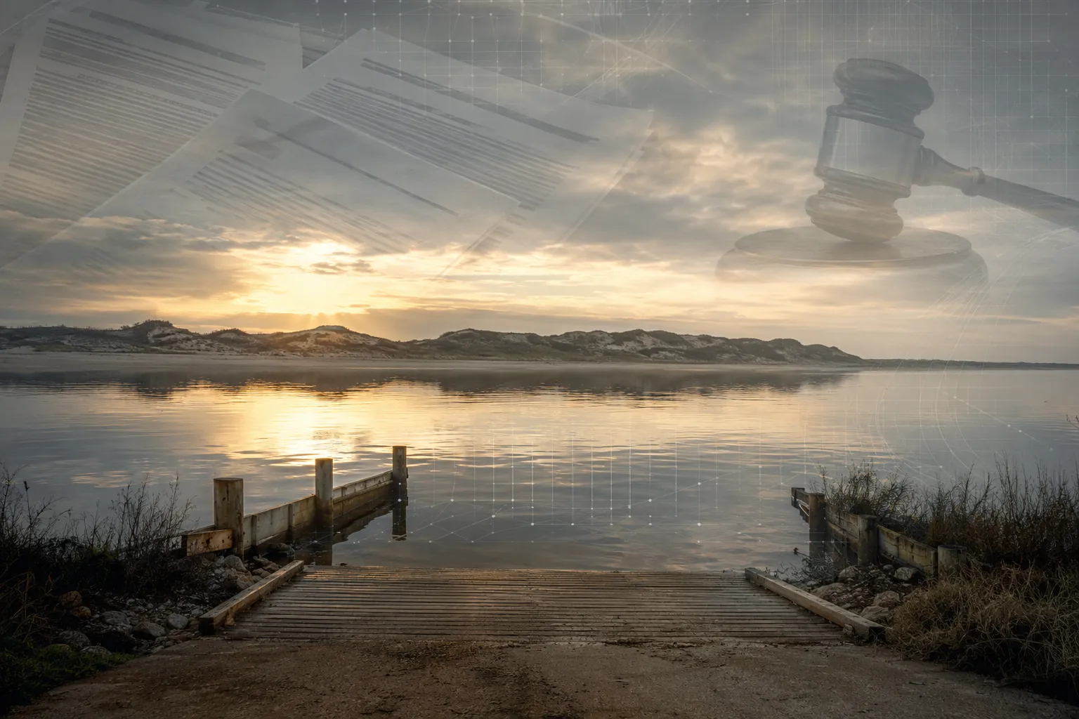 Early-morning Laguna Madre coastline near Bird Island Basin with subtle legal document and digital grid overlays