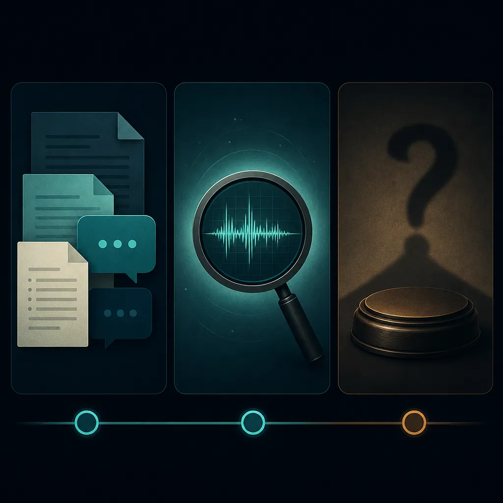 Three abstract panels showing reported allegations, forensic audio review, and an empty gavel stand with no ruling