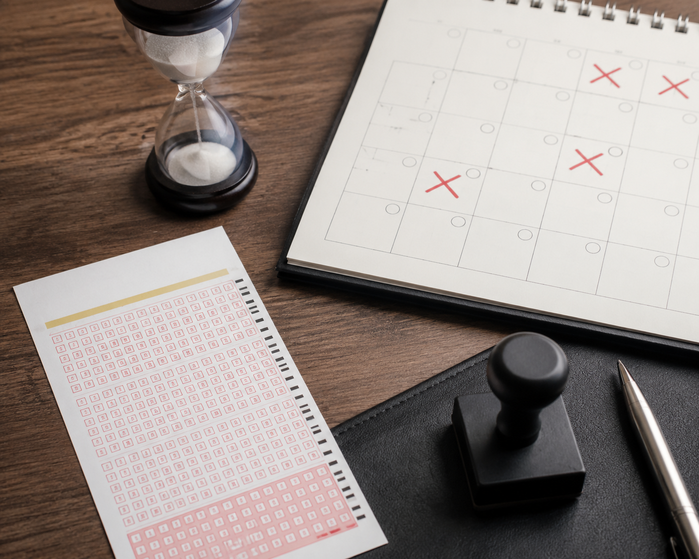 Lottery ticket on a desk beside a marked calendar and hourglass
