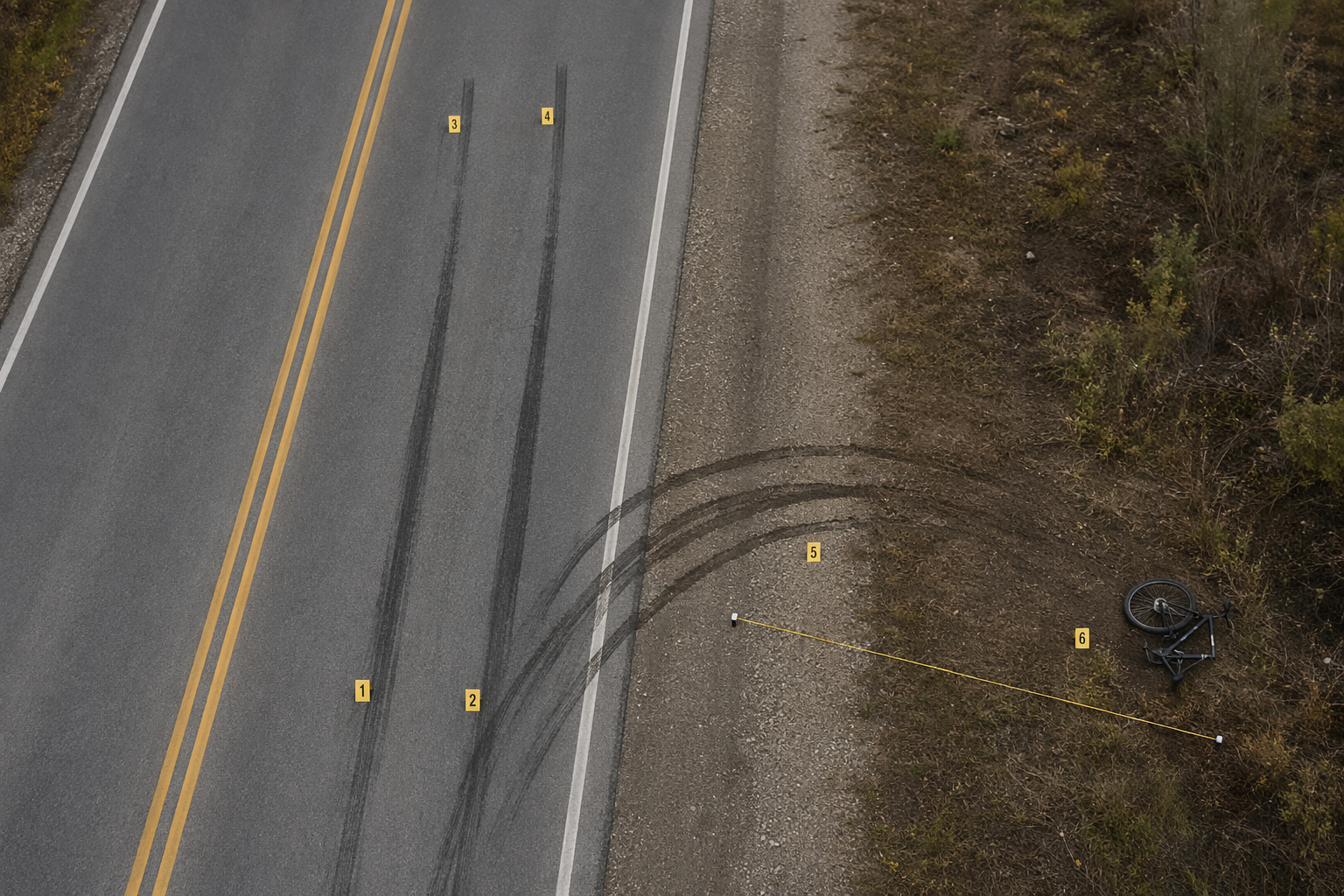 Forensic-style road illustration showing forward braking marks, reverse acceleration skid marks, a bicycle silhouette, evidence markers, and measuring tape