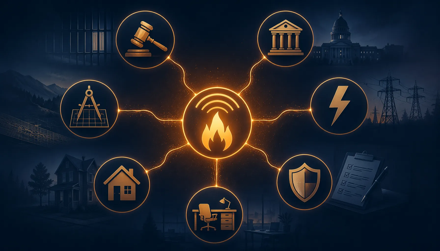 A central flame signal branching into seven legal-domain icons