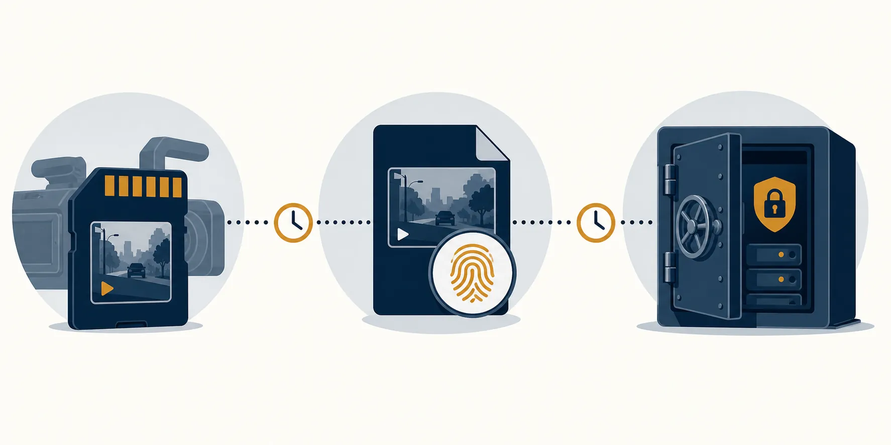 Digital evidence custody workflow from camera file to hash copy and locked vault