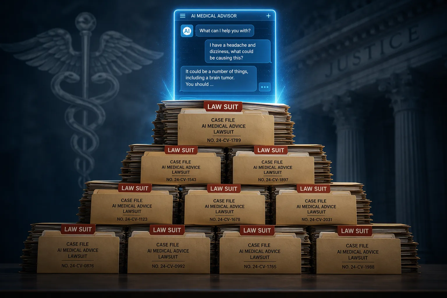 Stacked legal case folders with a digital chat interface and medical symbol