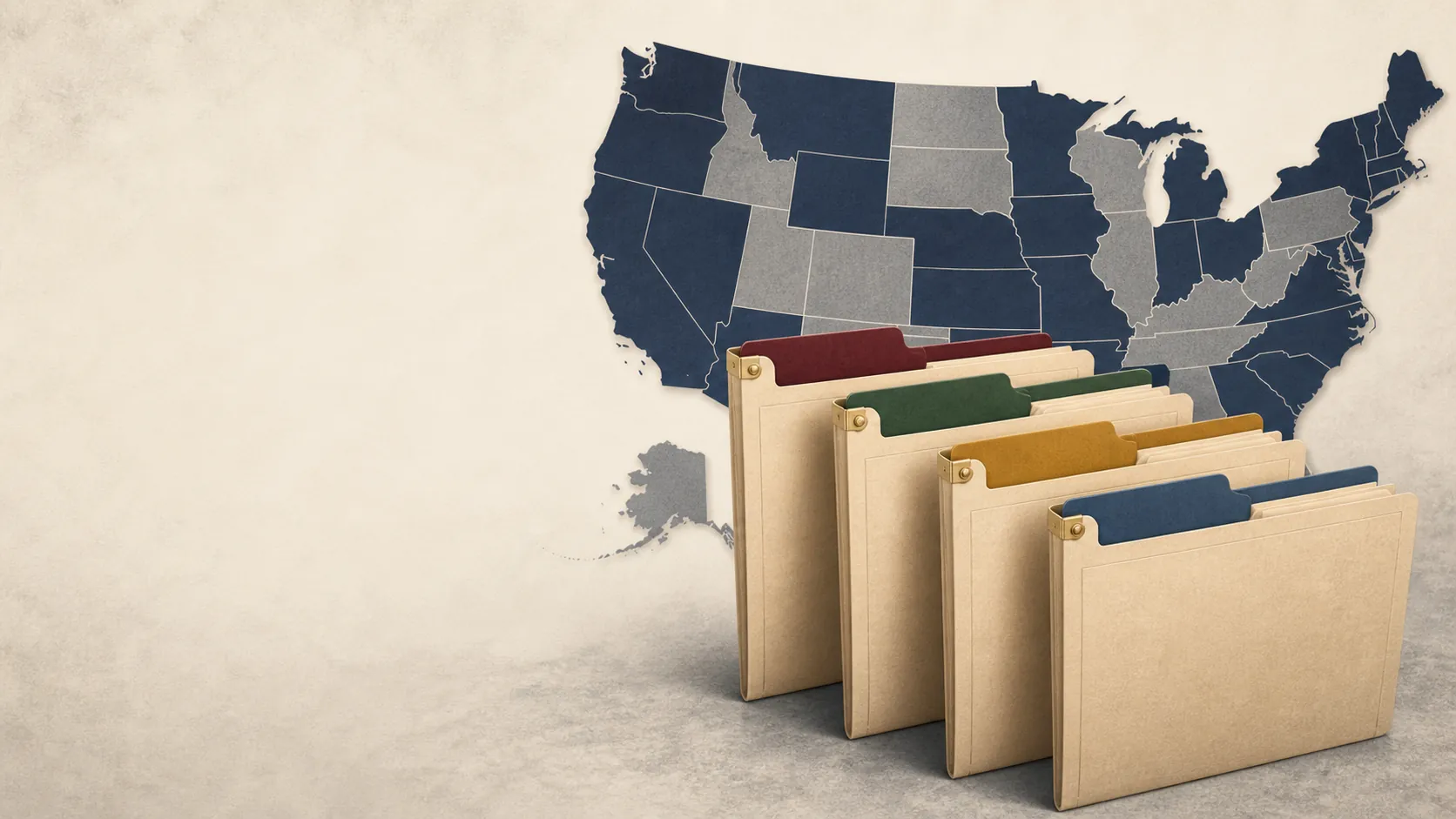 Stylized U.S. map with four separate legal case folders showing multiple tariff lawsuits rather than one unified action