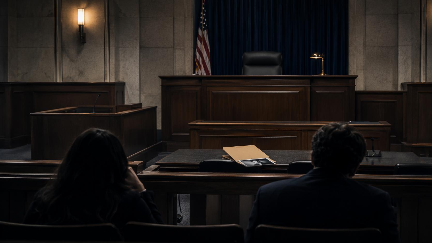 Restrained courtroom illustration with silhouetted family members in the gallery and a stark photograph on the prosecution table