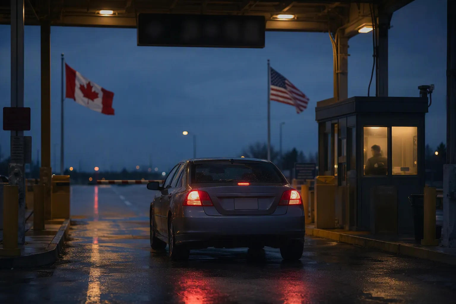 A car stopped at a Canada–US border inspection booth at dusk with flags on both sides
