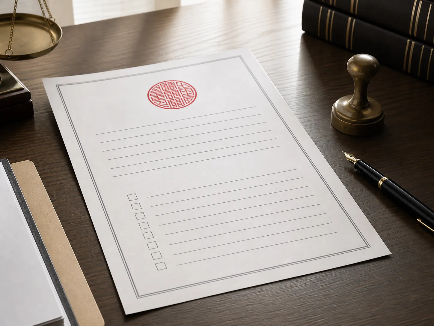 Japanese search warrant form on a lawyer's desk with a red judicial seal