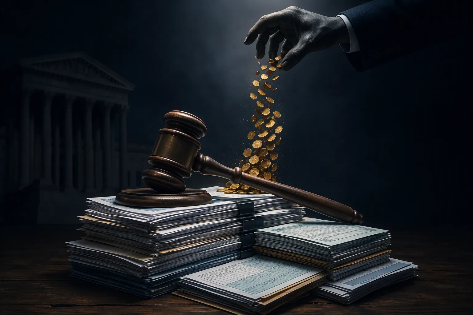 Judge's gavel over customs documents with coins being pulled back by a shadowed hand