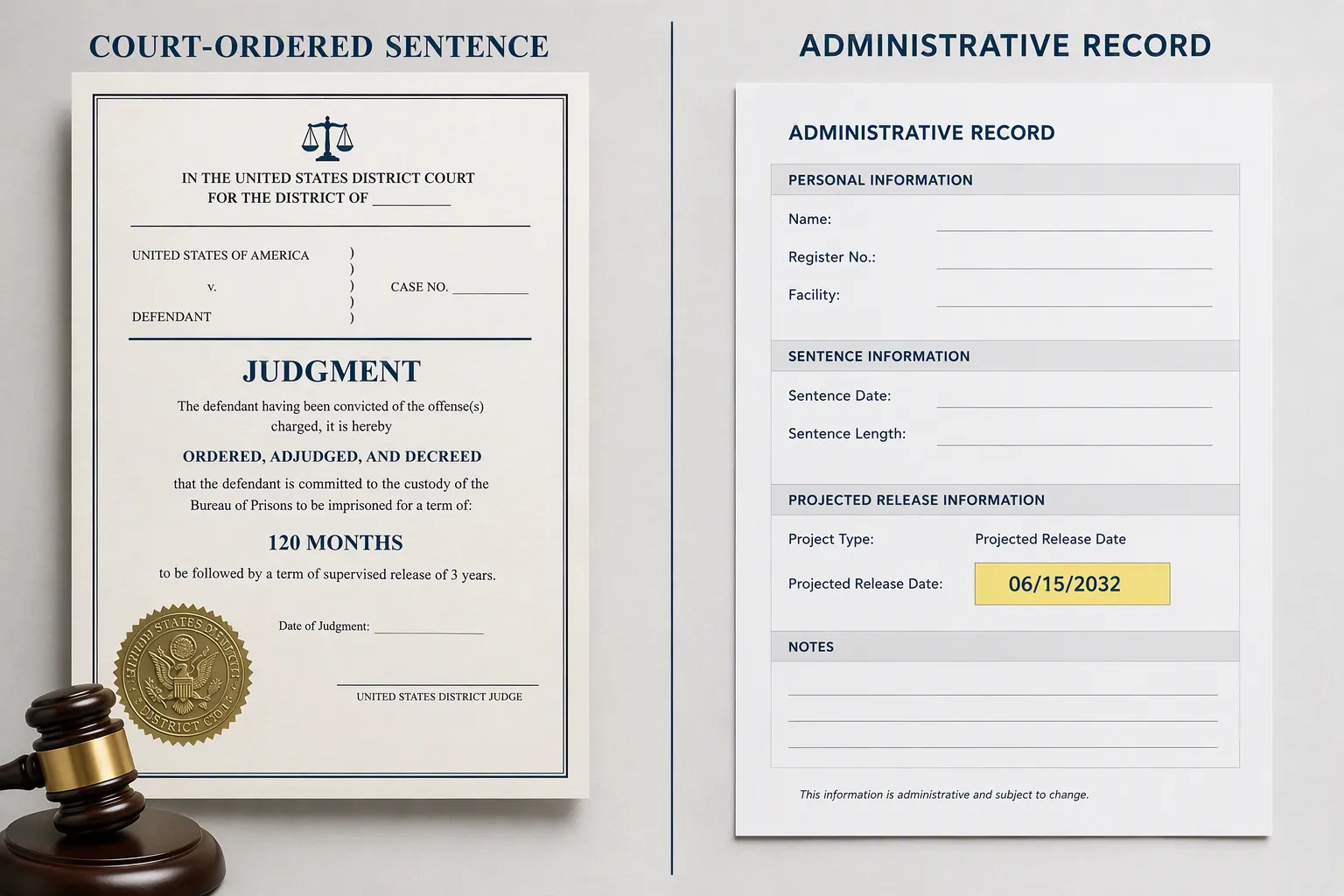 Comparison of a formal sentencing judgment and an administrative form with a highlighted date field