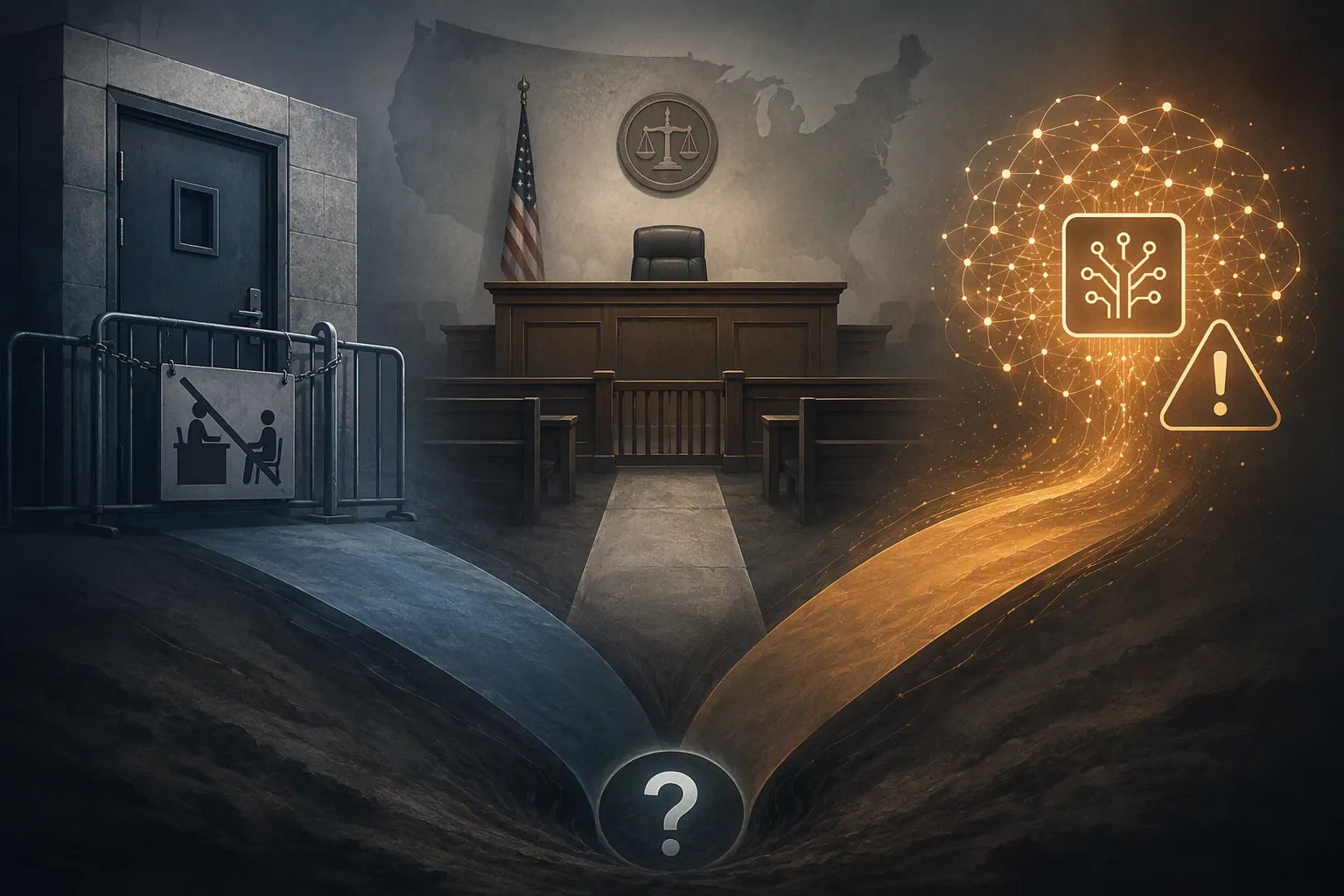 Illustration of a removed asylum interview safeguard, depleted immigration court bench, and AI caution symbol converging