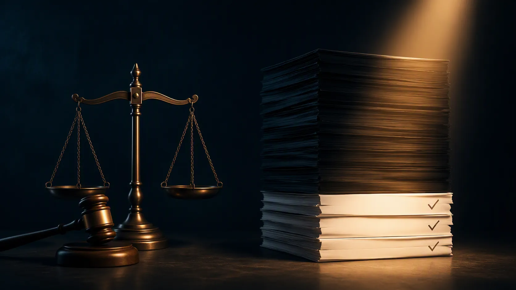 Scale of justice and gavel beside documents where many pages are blanked out and a few checked pages sit in warm light