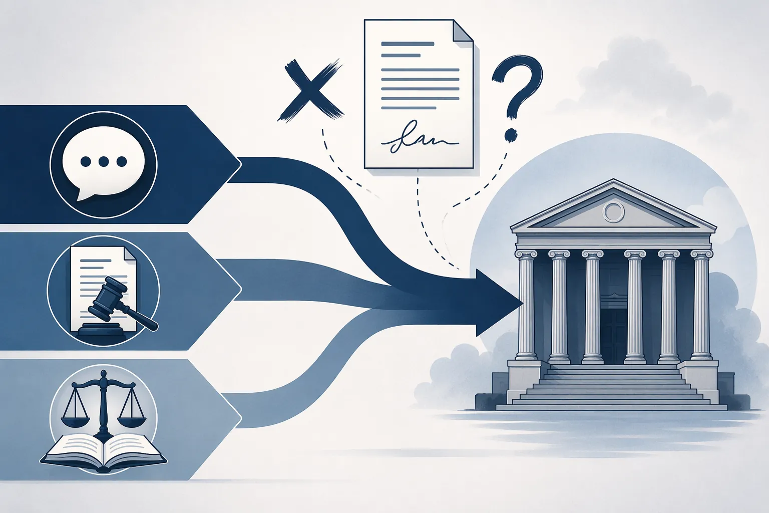 Diagram of First Amendment, Fifth Amendment, and APA claims converging on a federal courthouse in AFGE v. Noem