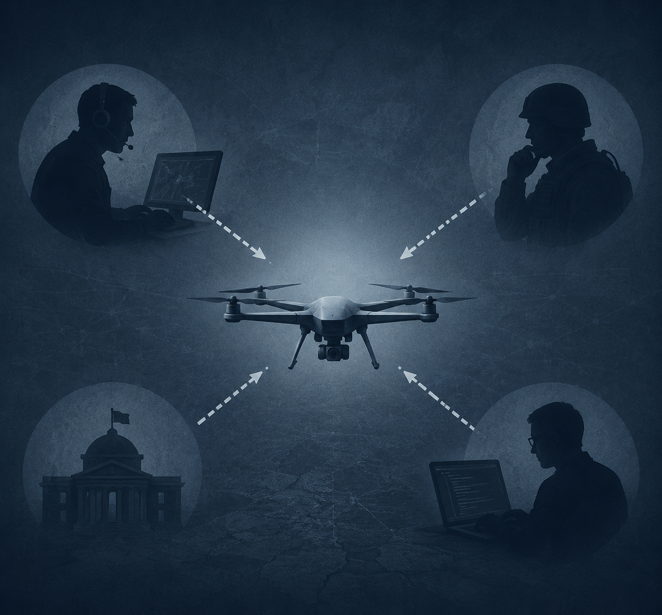 Autonomous drone surrounded by operator, commander, state, and developer figures with broken attribution lines