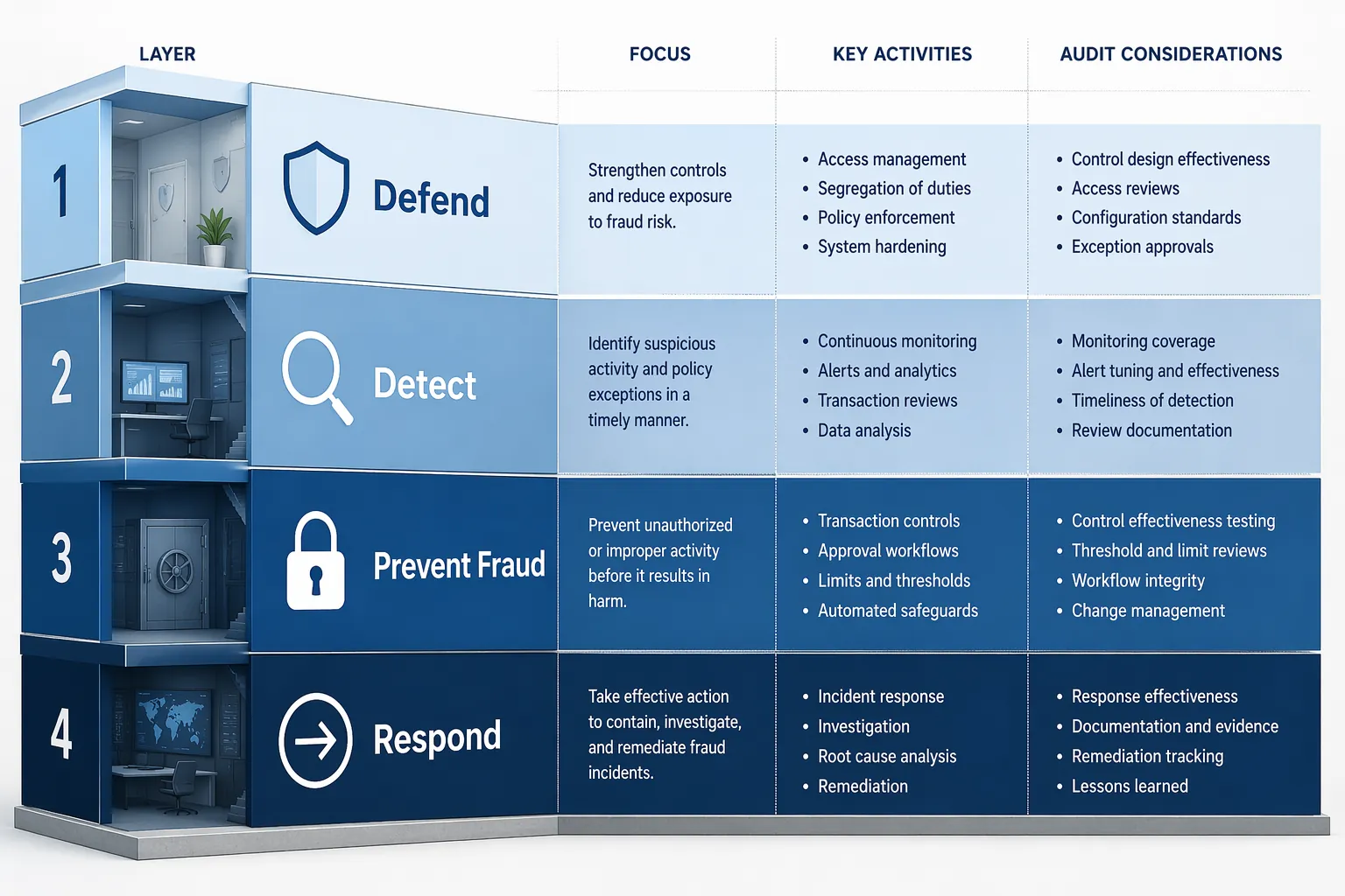 Four-layer framework showing defend, detect, prevent fraud, and respond across a corporate grid