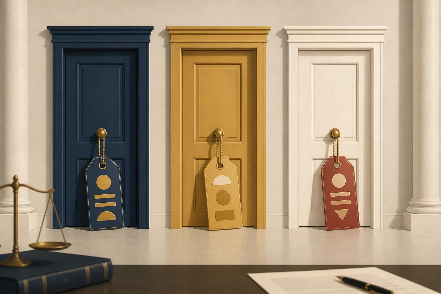 Three legal exit gates with different price tags representing separate merger termination-fee paths