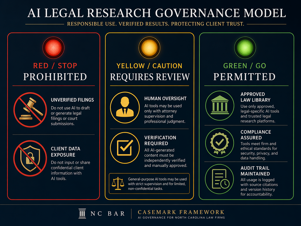 A traffic-light governance model infographic with three vertical columns: Red (Prohibited) showing a gavel crossed out and a crossed-out confidentiality shield; Yellow (Requires Review) showing a human oversight badge and a verification checkmark; Green (Permitted) showing approved law library symbols, a compliance seal, and an audit trail log. A small accreditation line reads 'NC Bar / Casemark Framework'.
