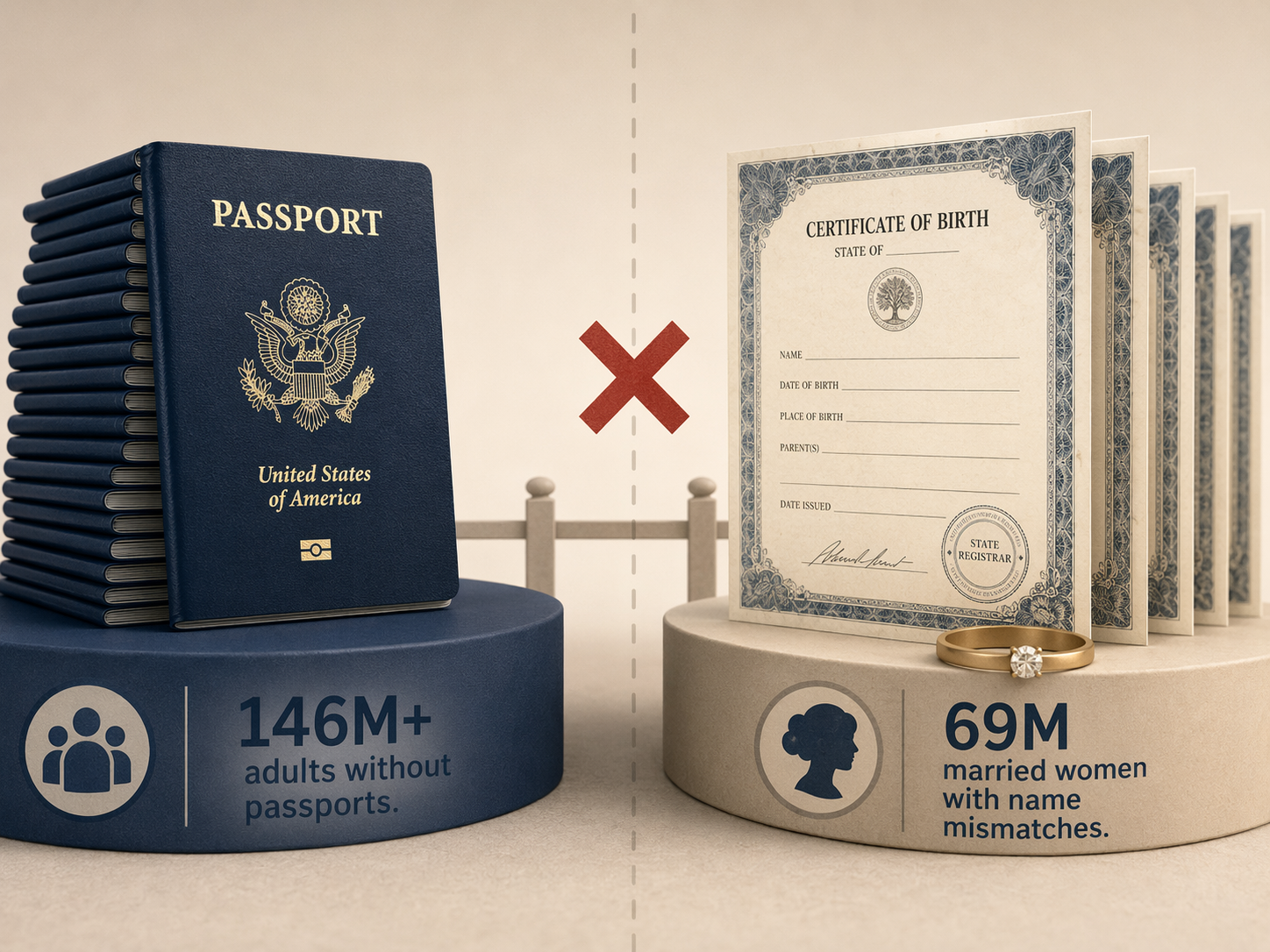 Infographic showing adults without passports and married women with birth-certificate name mismatches
