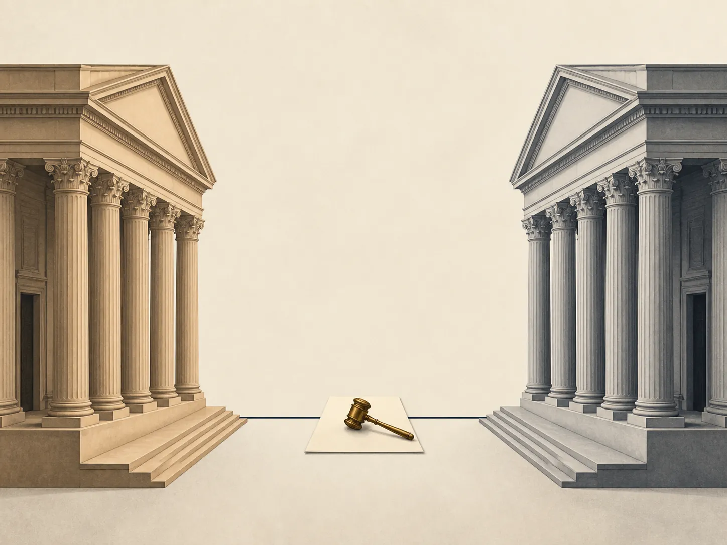Two courthouse facades facing each other across a contract and gavel, evoking parallel state and federal proceedings