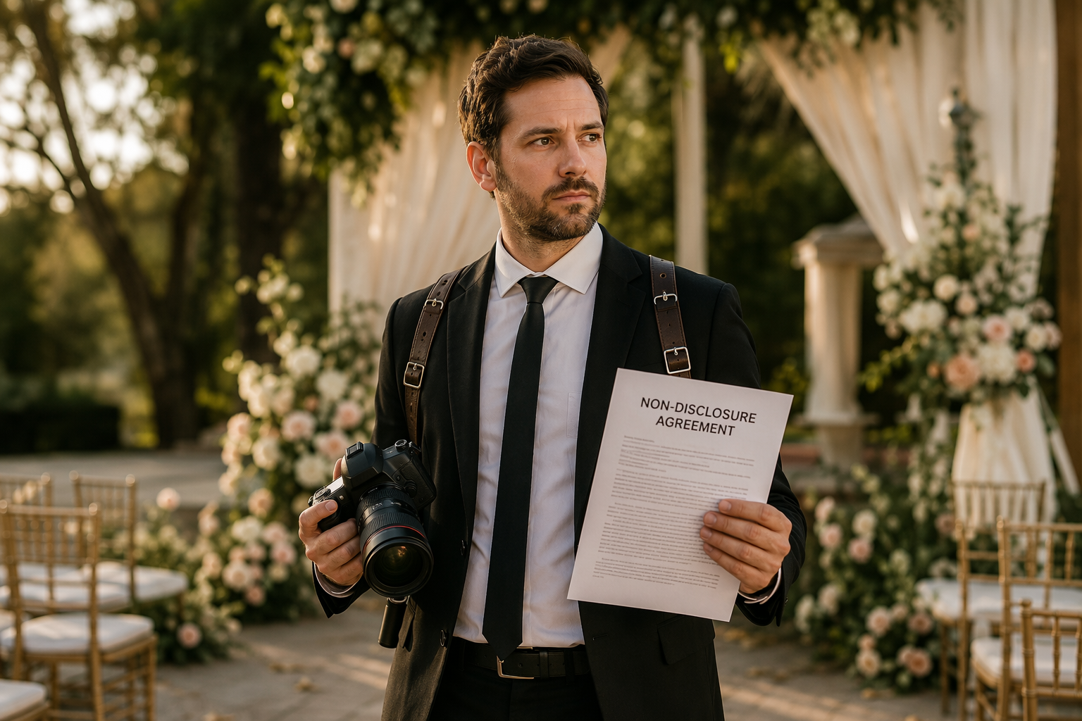 Wedding photographer holding a camera and a non-disclosure agreement in a decorated event space