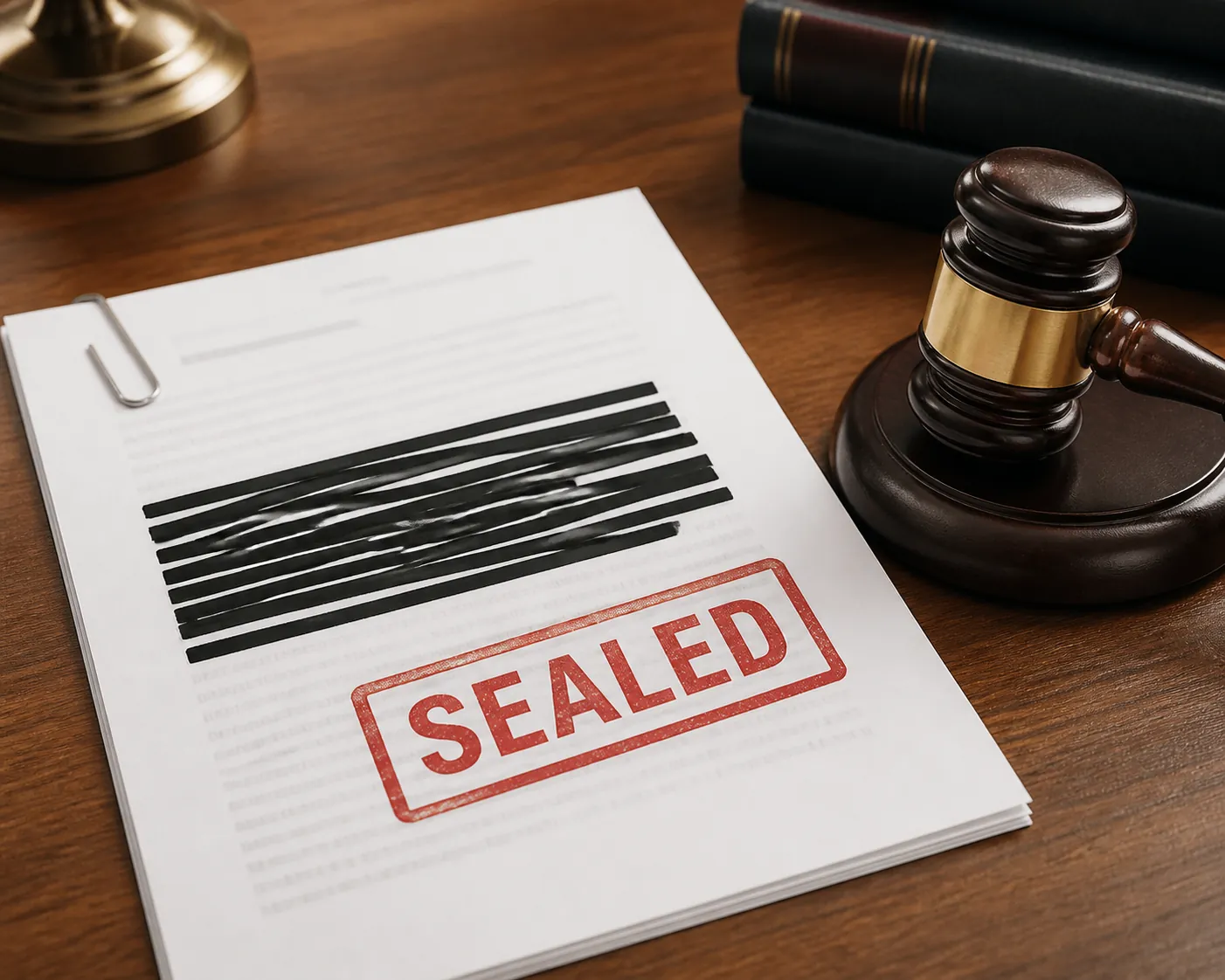 Redacted legal document marked sealed beside a judge's gavel