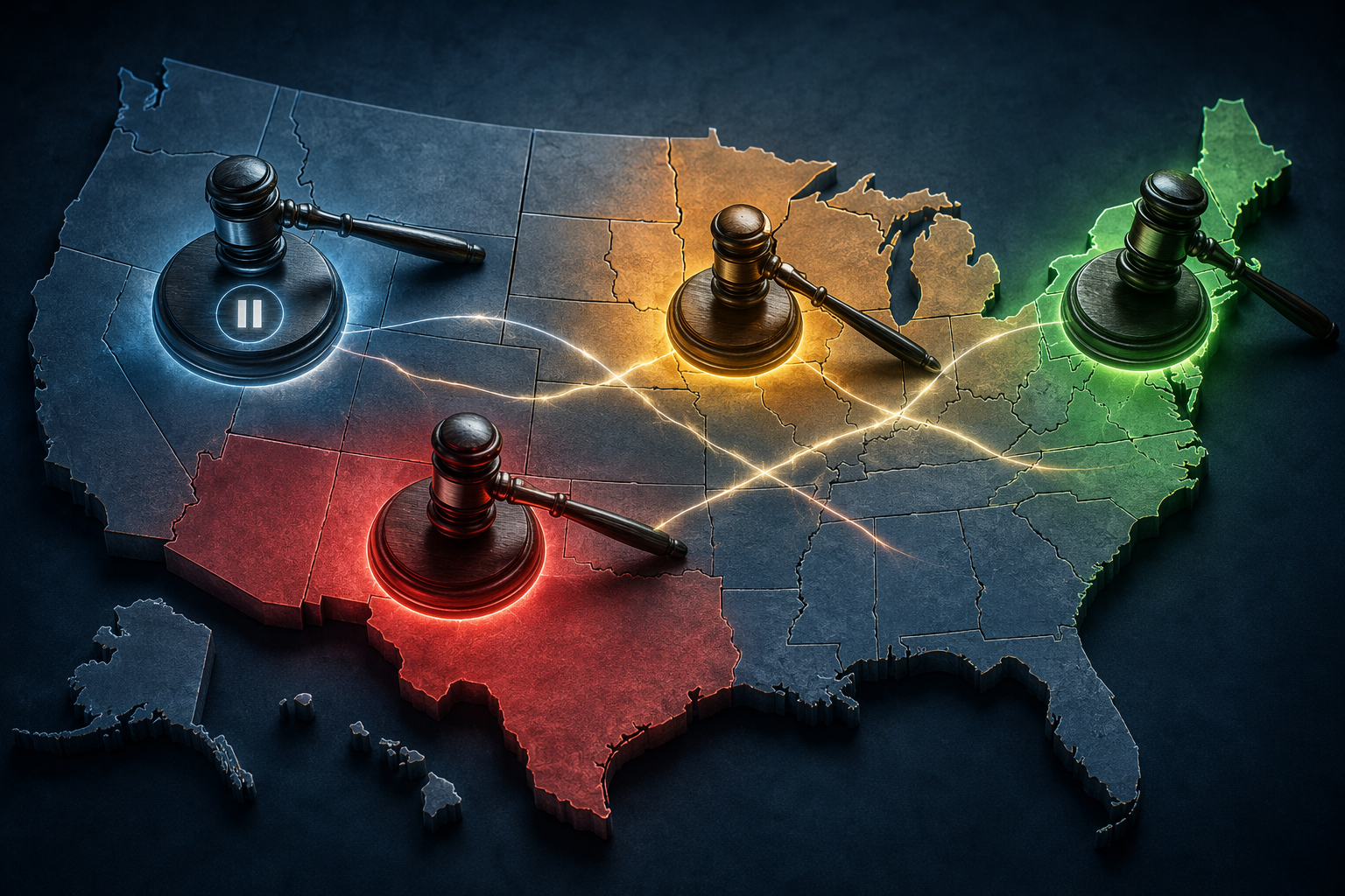 Stylized United States map with gavels and tension lines showing fragmented court treatment of prediction markets