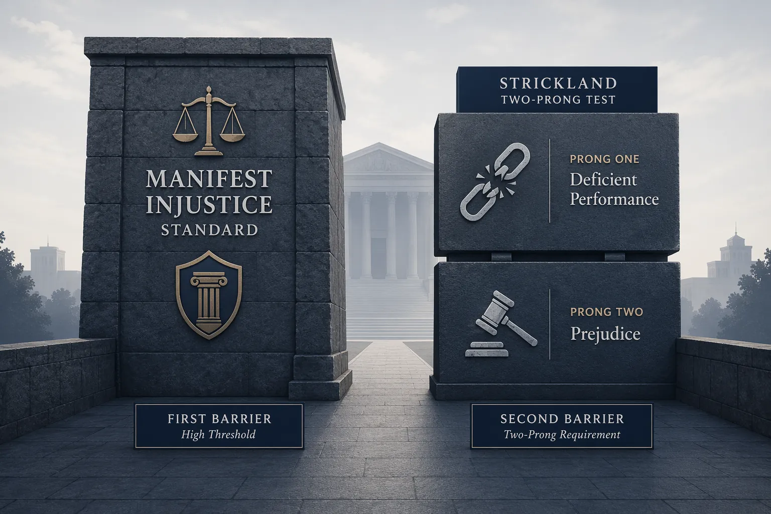 Illustration of two legal barriers representing manifest injustice and ineffective assistance tests