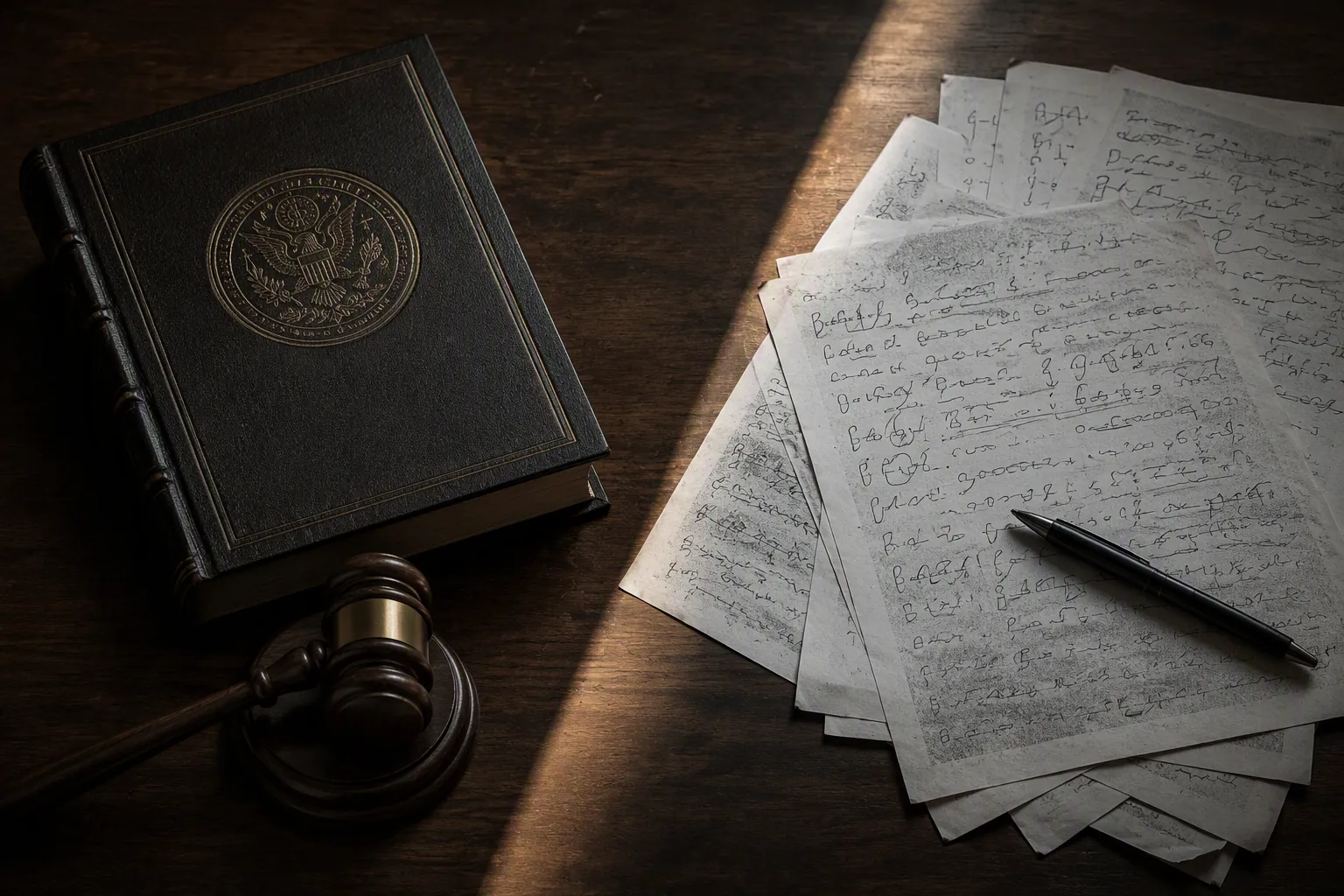 A legal volume and gavel contrasted with loose handwritten notes, suggesting the difference between an official court record and a reporter transcription