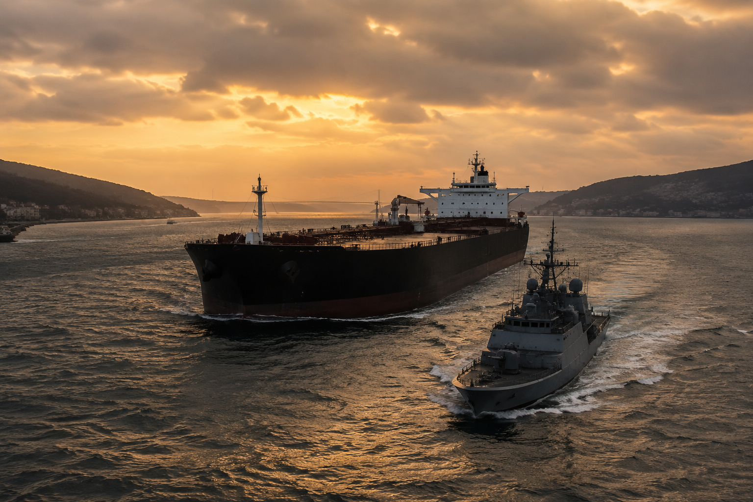 Oil tanker transiting a narrow strait at dusk under close naval escort