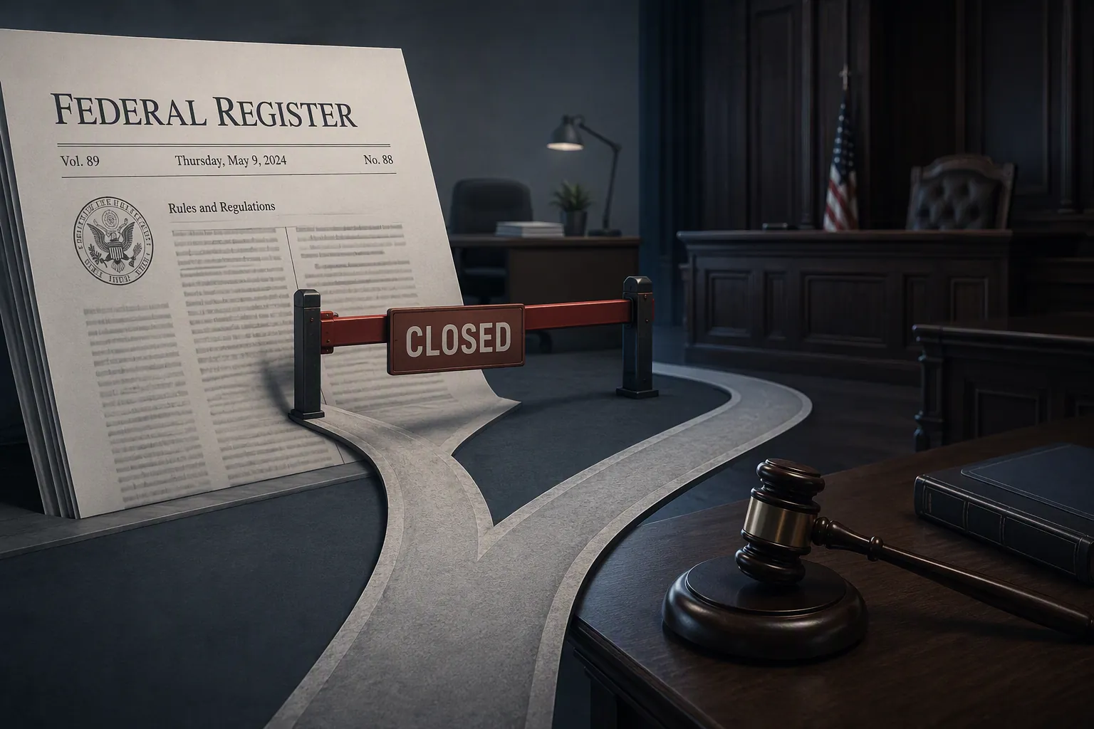Legal document showing a blocked office-like route and an alternate path into a dark courtroom