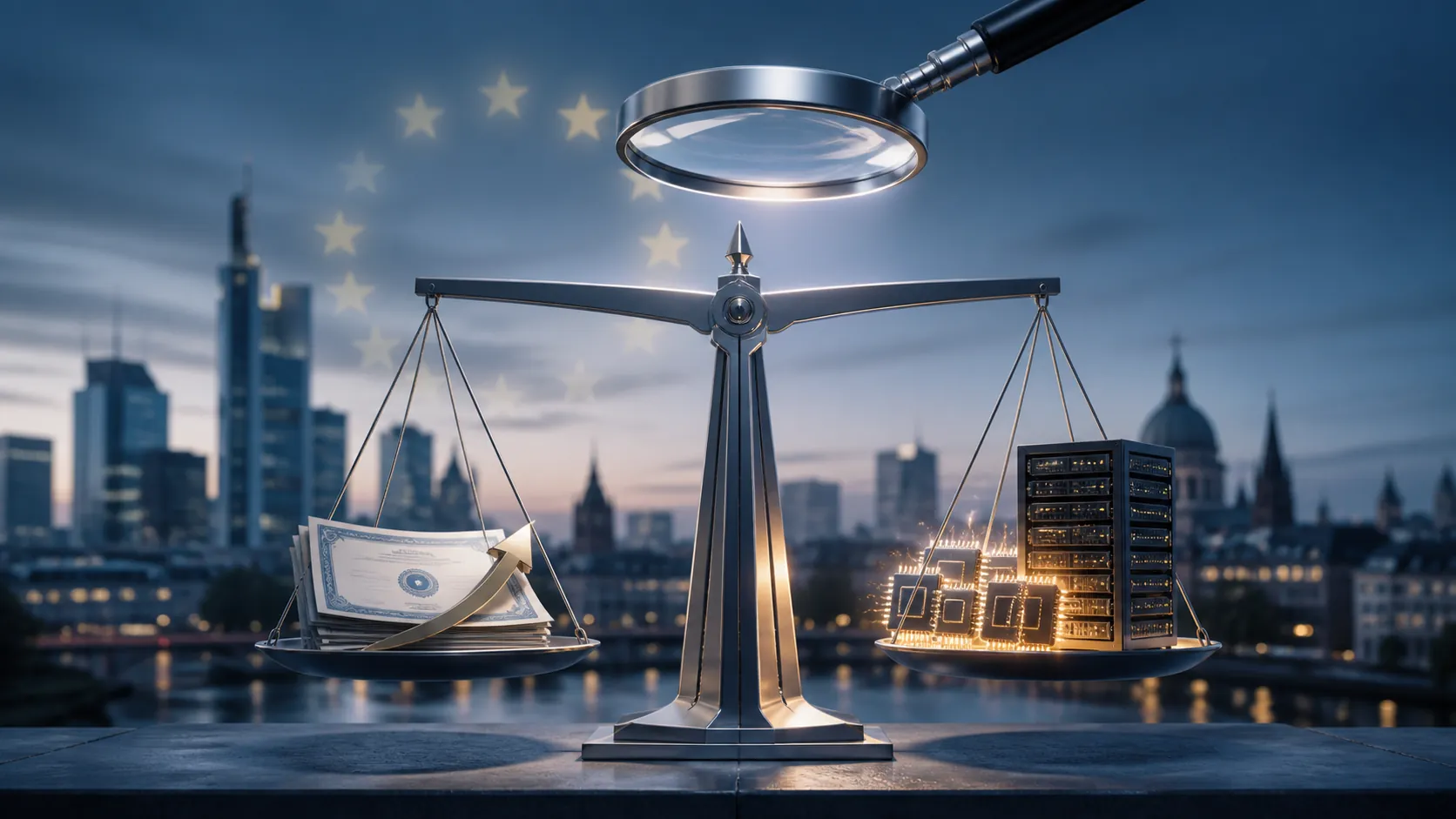 Scales of justice weighing equity certificates against GPU chips against a European city skyline