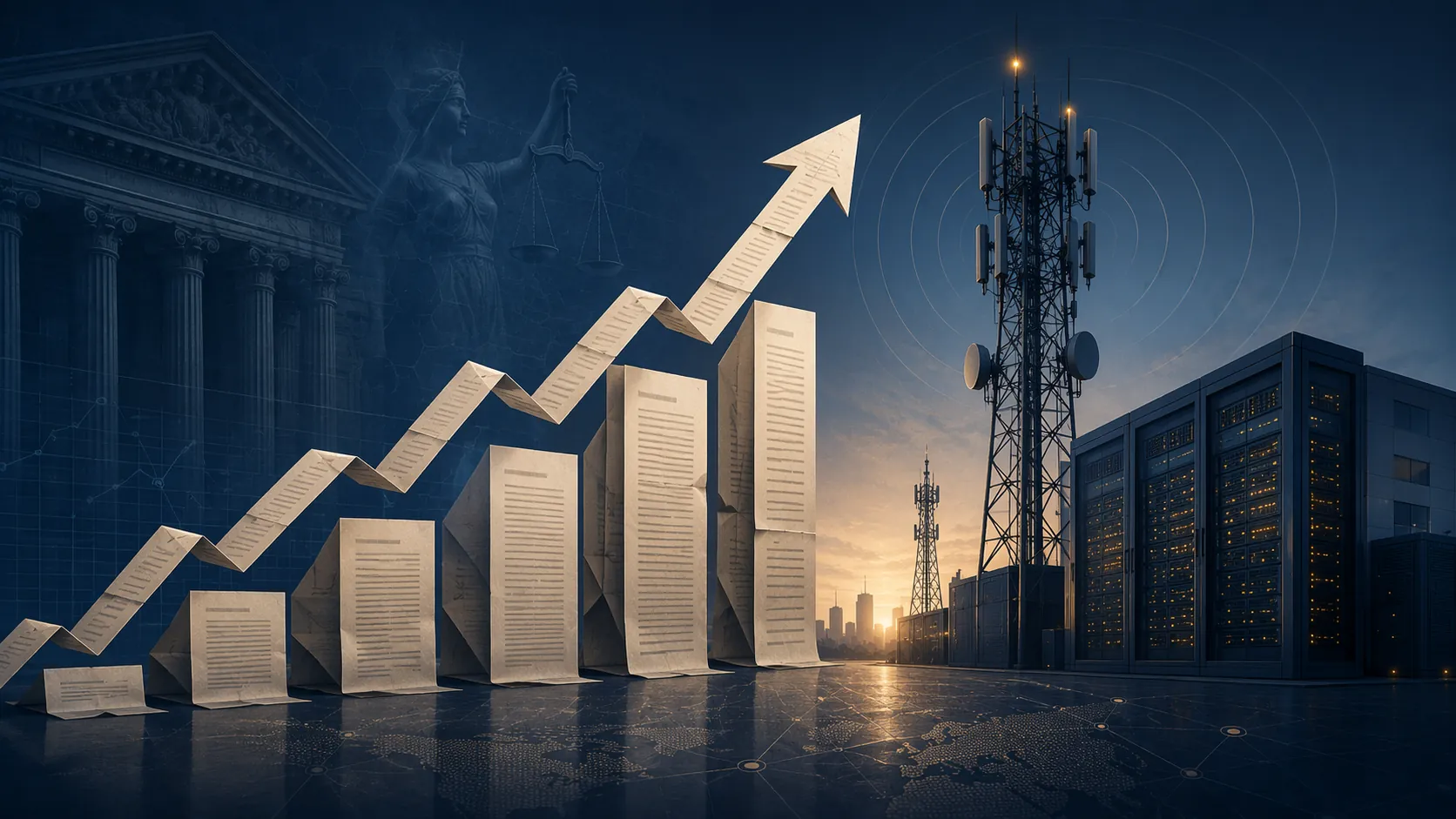 5G cell tower and data center silhouettes merging with legal complaint documents forming a rising trend line