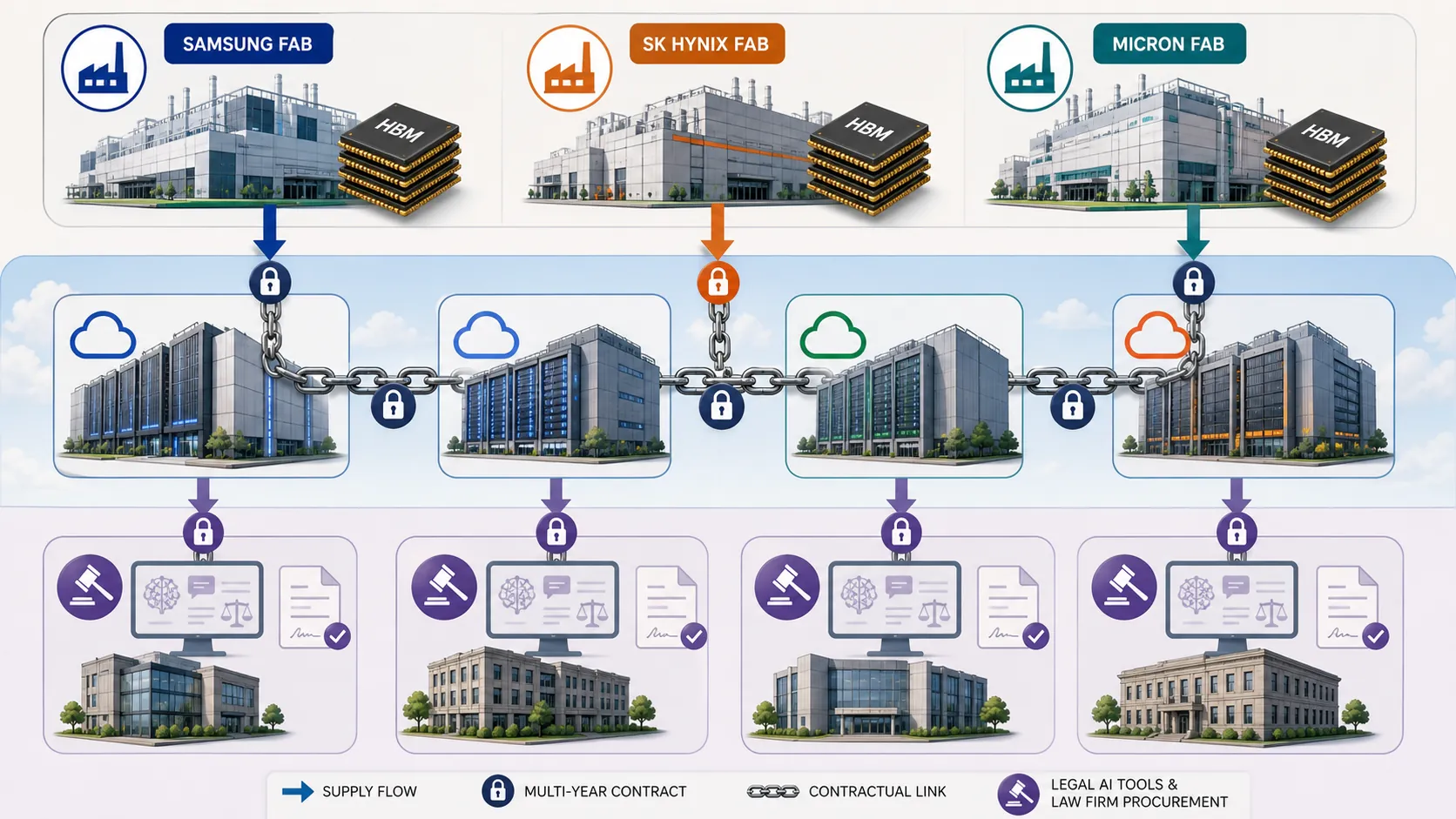 Supply chain infographic showing HBM chip fabrication flowing through locked hyperscaler contracts to downstream legal AI tools