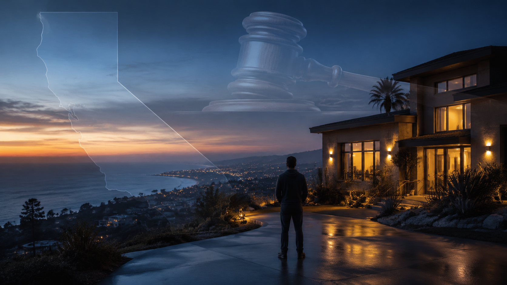California hillside rehabilitation facility at twilight with legal symbolism