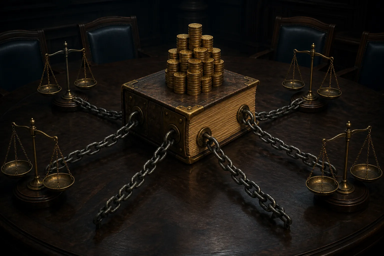 Costs ledger with coins chained to smaller scales, representing joint and several costs exposure