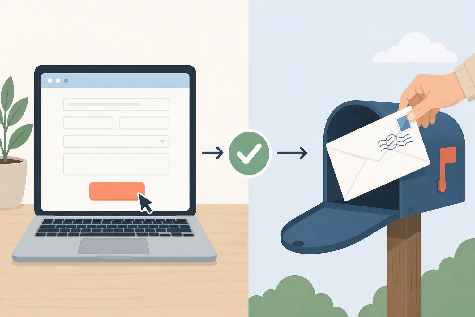 Illustration comparing an online settlement submission with a postmarked paper claim sent by mail