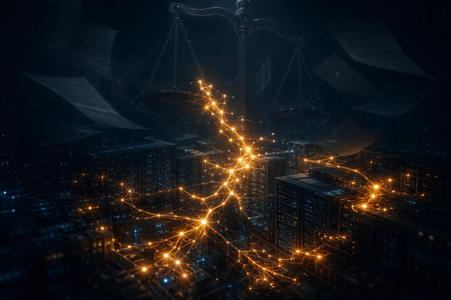 Autonomous AI agent threading through server infrastructure under shadowed legal scales and contract sheets