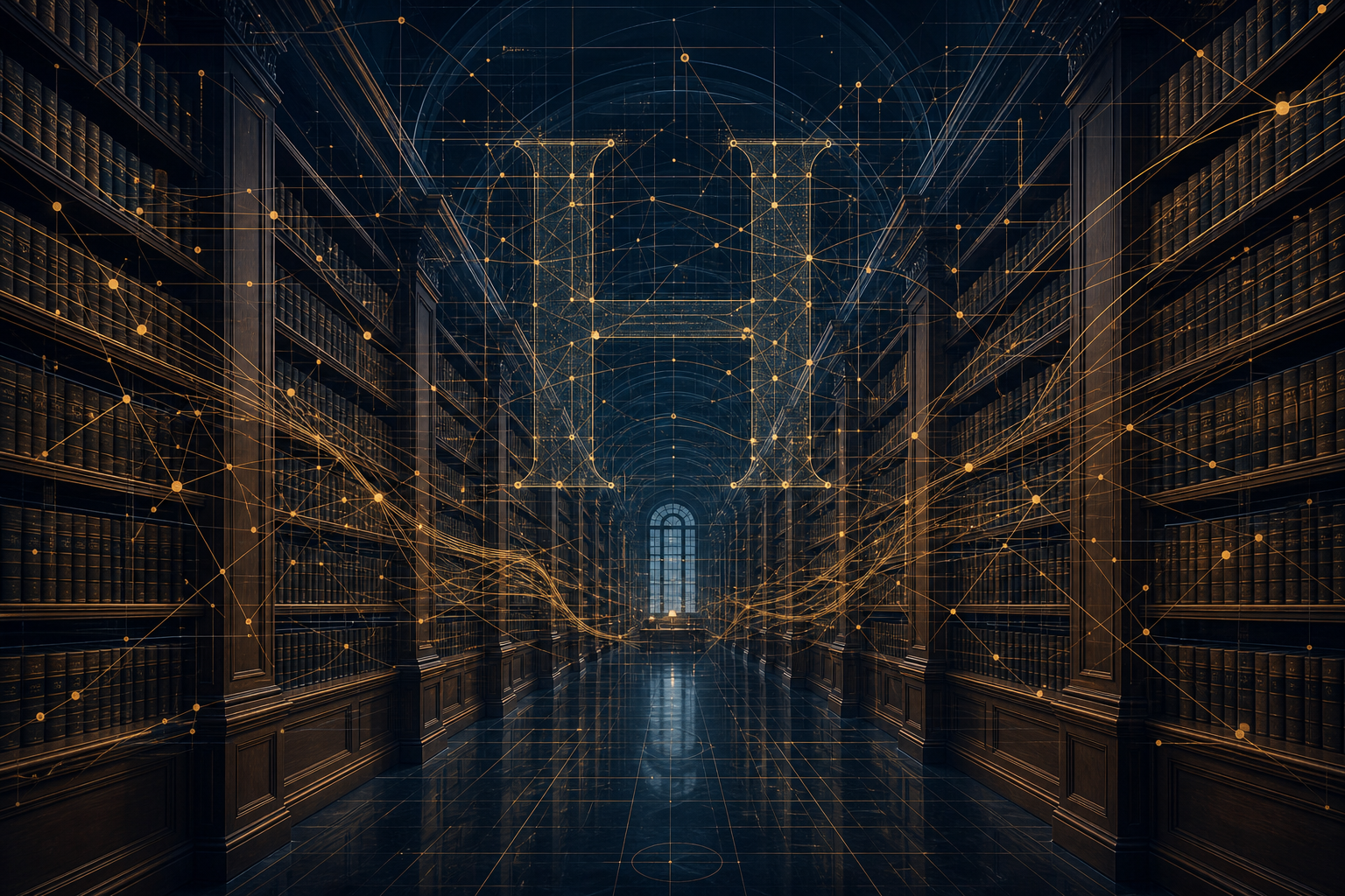 A law library receding into the distance with tall mahogany bookshelves on both sides, overlaid with luminous amber and gold data-flow lines and geometric nodes. A faint 'H' shape is embedded in the digital network pattern.
