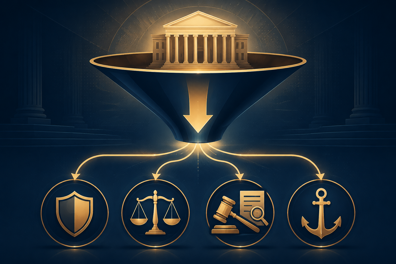 Abstract defense pathways branching from a narrowing funnel