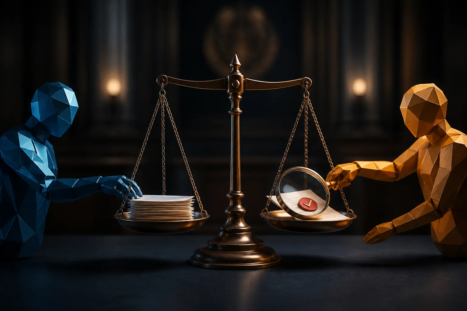Balance scale of justice between abstract AI forms, legal documents, and a magnifying glass warning check