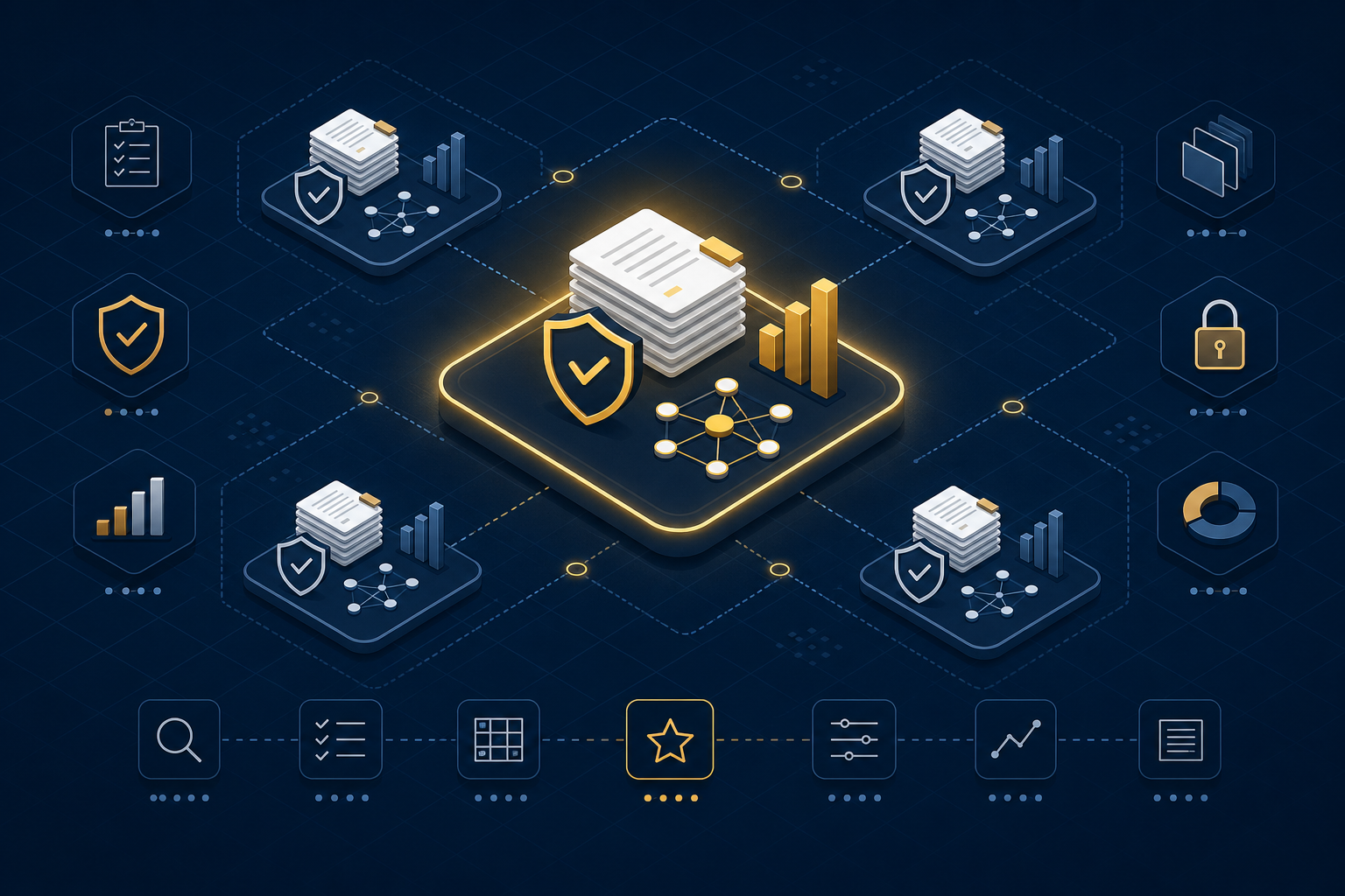 Isometric flat-design illustration of an enterprise legal AI evaluation framework showing document, security, financial, and agent icons arranged in a structured matrix on a deep navy background.