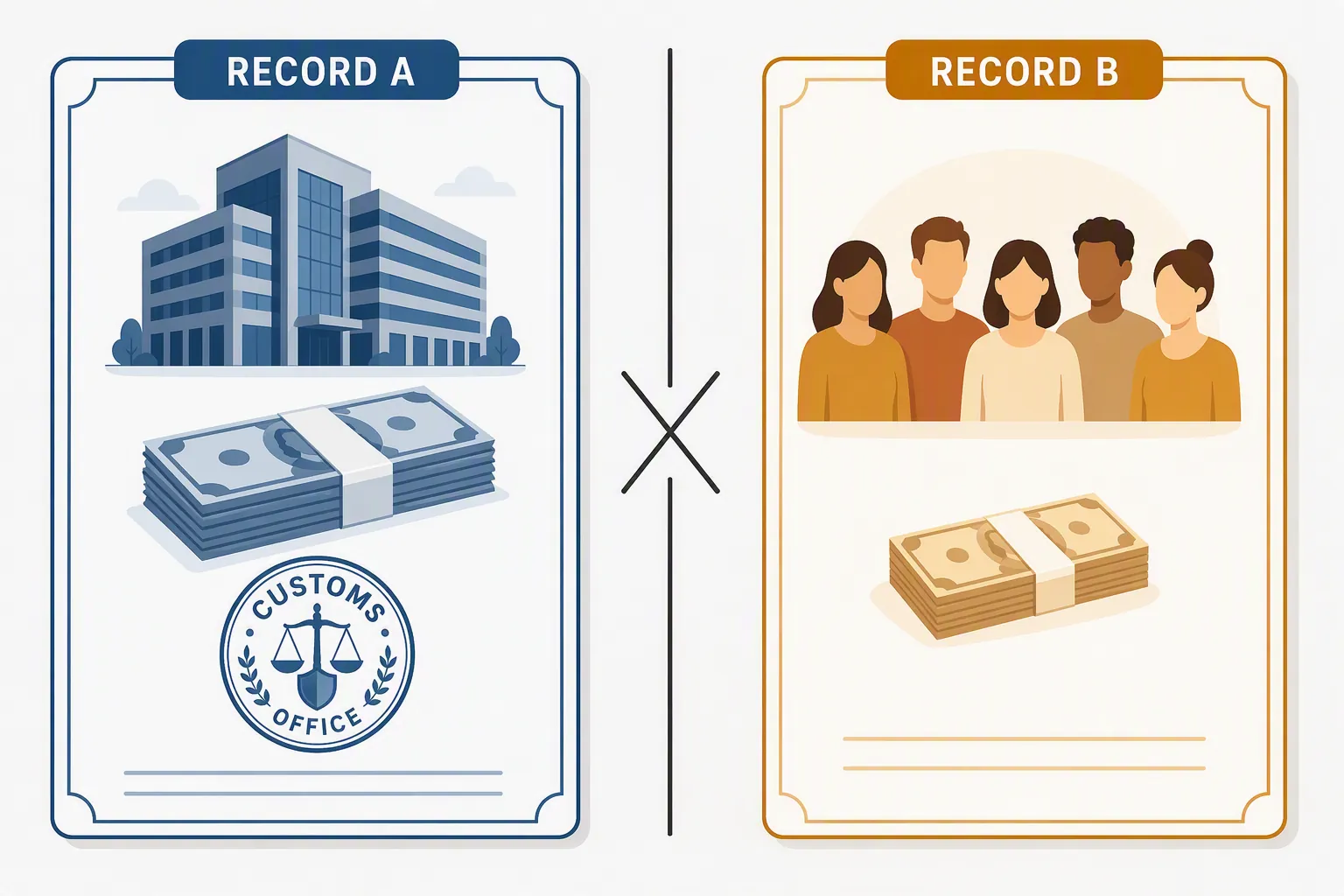 Two official documents labeled Record A and Record B separated by a divider