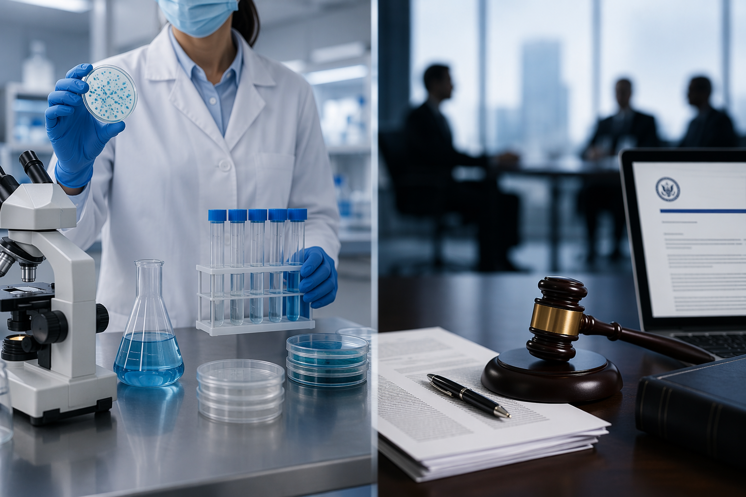 Laboratory testing scene beside corporate legal documents and a boardroom