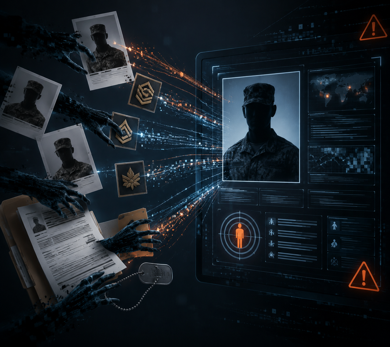 Military portraits, name tags, rank insignia, and assignment documents being aggregated into a targeting profile