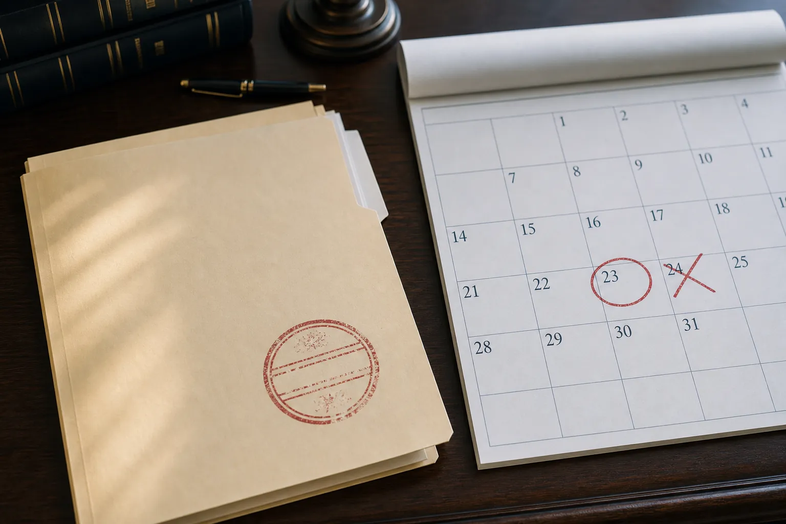 Legal desk with case file, calendar, last filing day circled and next day crossed out