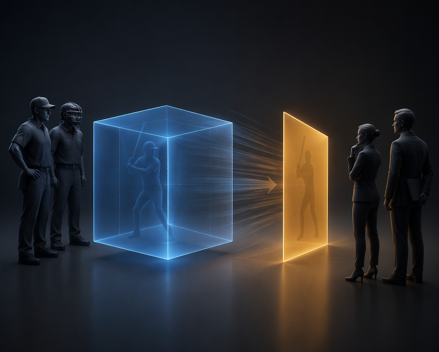 Three-dimensional cube compressed into a flat plane while professionals observe