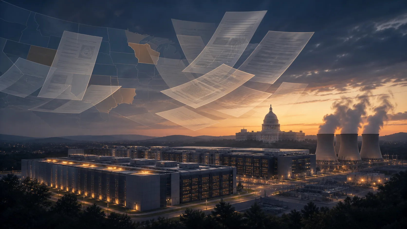 AI data center campus with legal document layers and a state capitol silhouette