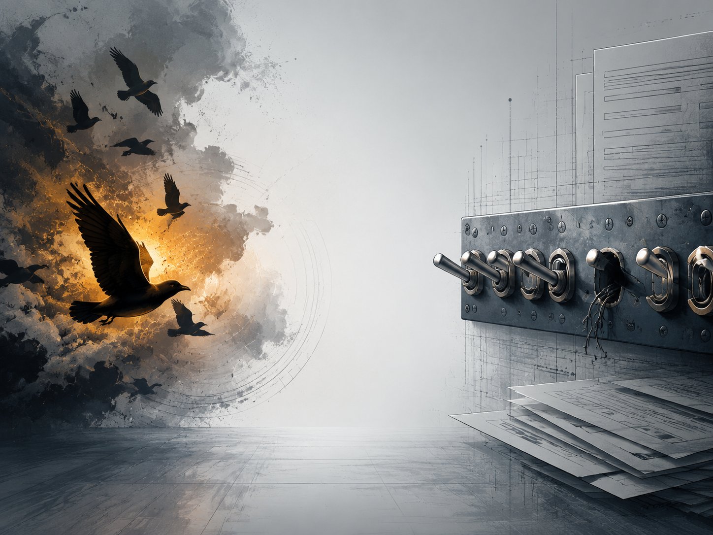Bird silhouettes separated from a disconnected toggle switch and document patterns